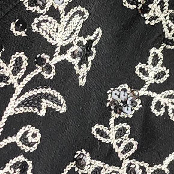 Coldwater Creek Black White Floral Embroider Sequin Open Front Poly Blazer Sz 16 - Picture 13 of 16